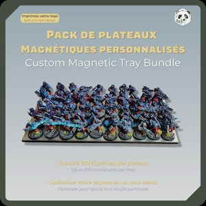 May include: A rectangular magnetic tray holding numerous painted miniature figures in blue and red armor. The text reads: PACK DE PLATEAUX MAGNÉTIQUES PERSONNALISÉS, Custom Magnetic Tray Bundle, Jusqu'à 100 figurines par plateau, Up to 100 miniatures per tray.