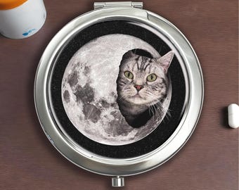 Cat on the Moon Silver Pillbox - With Mirror For Storing Pills, Vitamins, and Candy