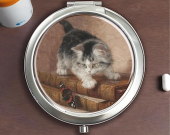 Vintage Cat and Butterfly Silver Pill Box - Vitamin, Candy, Jewelry Storage