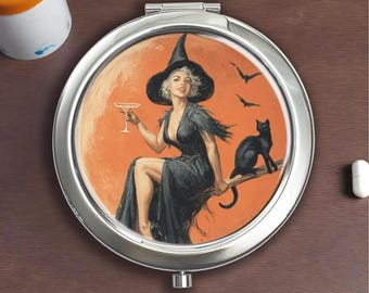 Witch and Black Cat Vintage Silver Pill Box - Vitamin, Candy, Jewelry Storage