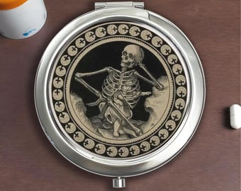 Skeleton Pill Box: Silver Tone Vitamin Storage with Mirror Lid