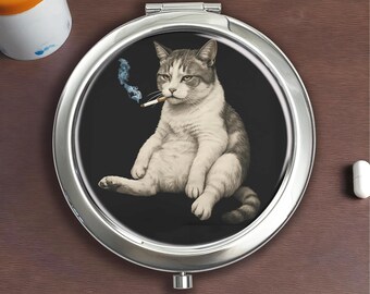 Tabby Cat That Smokes Silver Pillbox - With Mirror,Suitable for Storing Pills,Vitamins,Candy