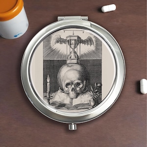 Hendrick Hondius - Memento Mori Back Patch Life and Death Vintage Silver Pill Box - Vitamin, Candy, Jewelry Storage