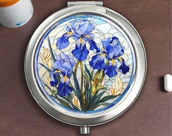 Pastillero plateado con estampado de iris y mosaico de vidrio: ideal para guardar vitaminas, dulces y joyas.