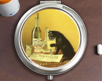 Vintage Cat French Absinthe Advertisement Art Silver Pill Box - Vitamin, Candy, Jewelry Storage