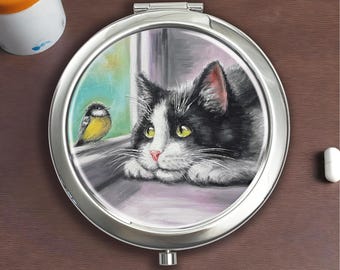 Cats and Dirds Silver Pillbox - With Mirror For Storing Pills, Vitamins, and Candy