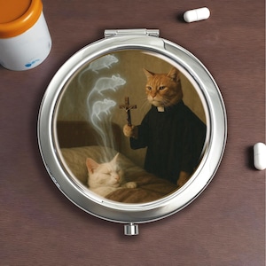 Cat Pastor Prayer Vintage Silver Pill Box - Vitamin, Candy, Jewelry Storage