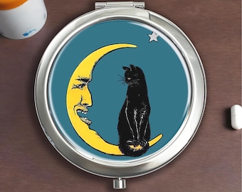 Moon Black Cat Silver Pillbox - With Mirror,Suitable for Storing Pills,Vitamins,Candy
