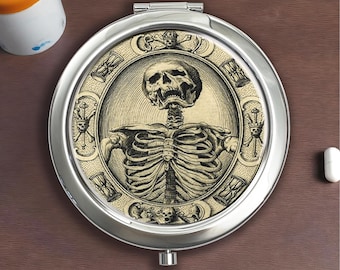 Memento Mori Death Skeleton Skull Silver Pill Box - Vitamin, Candy, Jewelry Storage