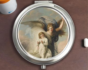 Renaissance Art Angel Silver Pillbox - With Mirror For Storing Pills, Vitamins, and Candy