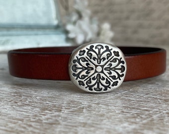 Brown Cognac Leather Cuff Bracelet with Magnetic Clasp - Minimalist Jewelry - Gift for Her - Floral - Wide Leather Bracelet - Stacking Cuff