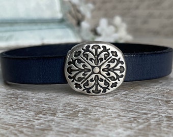 Denim Blue Leather Cuff - Floral Bracelet, Magnetic Clasp - Minimalist Jewelry - Women's Jewelry, Flat Leather Bracelet