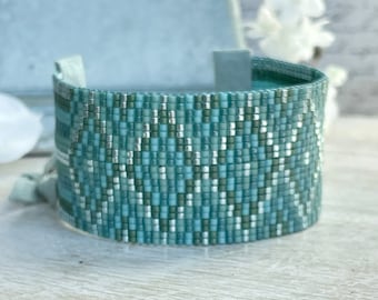 Aqua Turquoise Beaded Cuff - Metallic Seed Beads - Peyote Stitch - Wide Cuff Bracelet - Adjustable Bracelet
