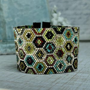 Southwest Cuff Bracelet - Turquoise Black Silver Seed Beads - Peyote Stitch - Wide Cuff Bracelet - Adjustable