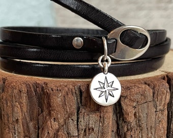 Black Leather Wrap Bracelet - Compass Charm Bracelet - Graduation Gift