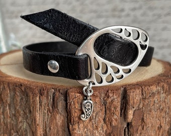 Black Leather Charm Bracelet-Buckle Clasp-Paisley-Boho Cuff