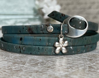 Turquoise Triple Wrap Bracelet - Cork Jewelry - Flower Charm Bracelet