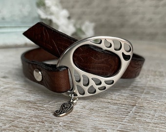 Brown Leather Charm Bracelet - Paisley Charm Cuff