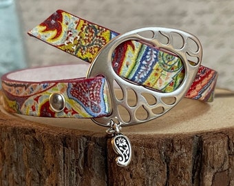 Printed Leather Cuff with Paisley Charm - Buckle Clasp