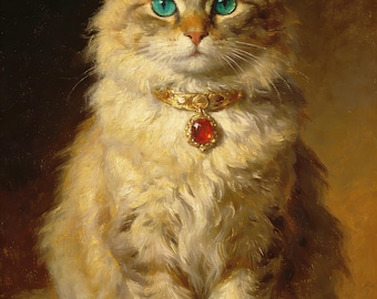 Vintage Luxus Katzen Ölgemälde, handgemalte Haustier Porträt, klassische realistische Katzen Kunst für Wohnkultur