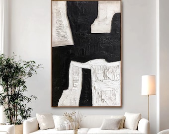 Schwarz weiße abstrakte strukturierte Wandkunst, große minimalistische Gipsmalerei, neutrale Wabi Sabi Kunst für Wohnzimmer