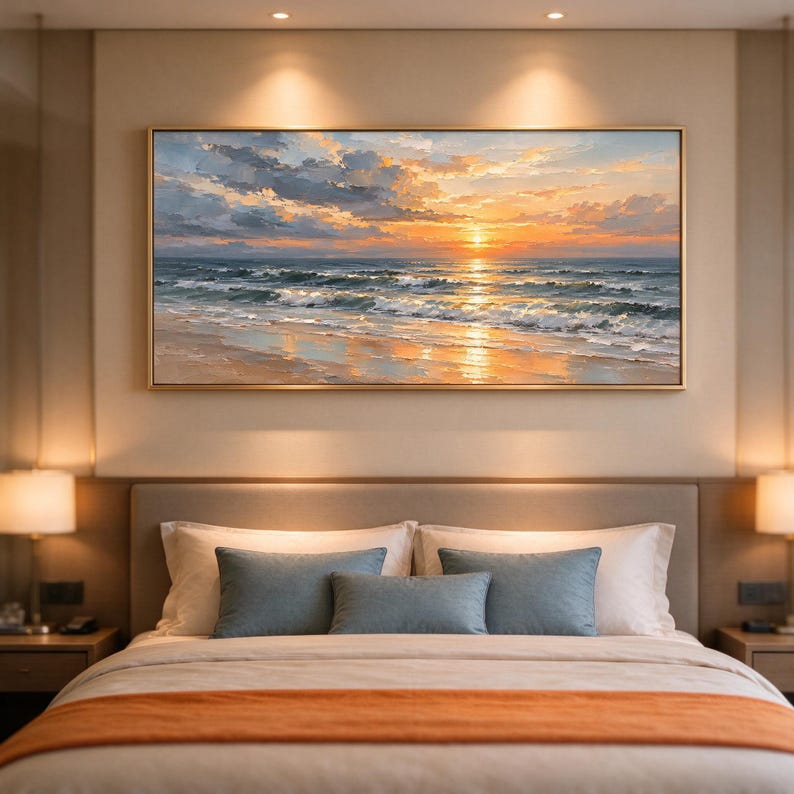 Original Hand Painted Golden Sunset Ocean Painting, Textured Impasto ...