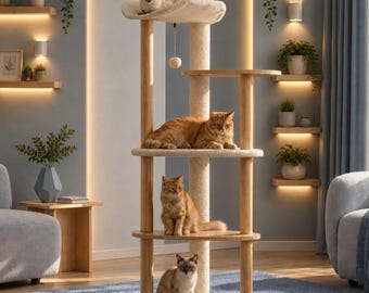 Modern Wooden Cat Tree Tower with Scratching Post Beige Cat Climbing Tree Wood Cat Tree With Perch Minimalist Cat Condo Indoor Cat Furniture