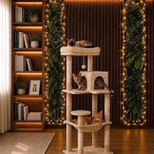 May include: A multi-level beige cat tree with carpeted platforms, a central cubby, and a hanging toy. Three cats are positioned on the structure: one resting on the top tier, one inside the middle cubby, and one lounging in the bottom hammock.