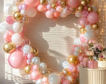 Kit de arco de globos rosa, blanco y dorado, globos de látex para cumpleaños, fondo rosa para cumpleaños, guirnalda de globos, decoración para fiestas de cumpleaños, baby showers y bodas.