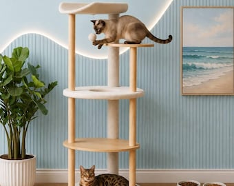 Cat Tree Tower with Scratching Post Beige Cat Condo Cat Climbing Tree Luxury Cat House Indoor Plush Cat Bed Wood Cat Tree Cat Furniture Gift