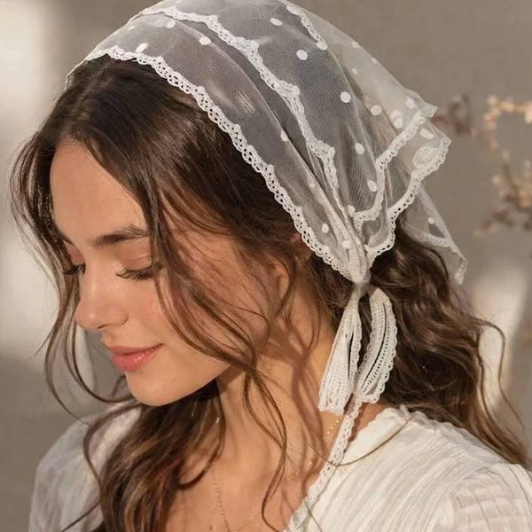 White Lace Head Scarf Hair Accesories For Women Triangle Hair Scarf Floral Headband Cottagecore Bandana Hair Wrap Hair Bandana Lace Headband