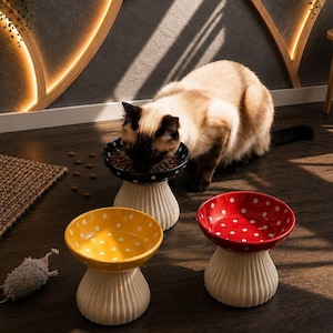 May include: Three ceramic pet bowls shaped like mushrooms with white polka dots. One bowl is black, one is yellow, and one is red. Each bowl features a wide, fluted, off-white base and a shallow, rounded top for food. A cat eats from the black bowl.