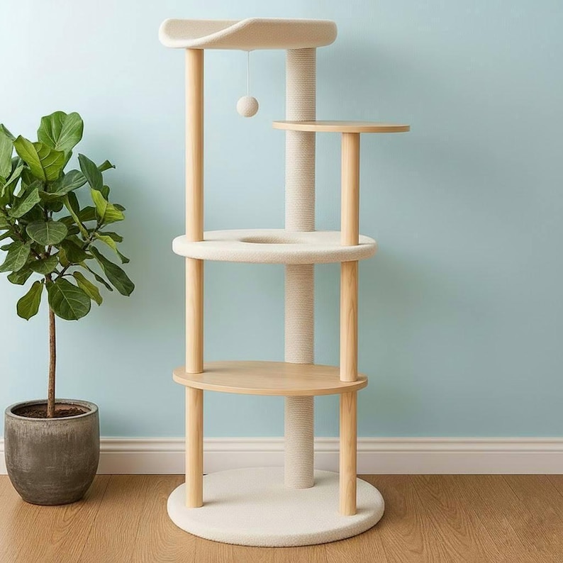 May include: A multi-level cat tree featuring a circular base, light wood support pillars, and cream-colored platforms. The structure includes a top curved perch, a middle platform with a circular cutout, a lower shelf, and a hanging ball toy.
