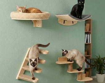 Wood Cat Wall Shelf Cat Wall Steps Plush Cat Hammock Modern Cat Wall Mounted Furniture Indoor Cat Climbing Shelf Cat Wall Bed Gift For Cat