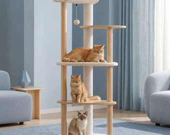 Torre moderna de madera para gatos con rascador, color beige, árbol de escalada para gatos, árbol de madera para gatos con percha, condominio minimalista para gatos, muebles de interior para gatos.