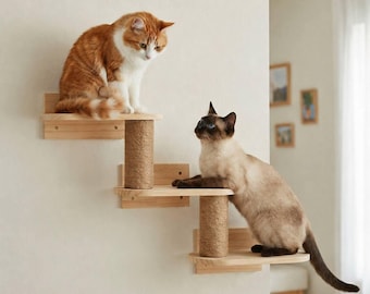 Estantes de pared para gatos con rascador de sisal, escalones de madera para gatos montados en la pared, estante de pared para gatos, muebles modernos de pared para gatos de interior