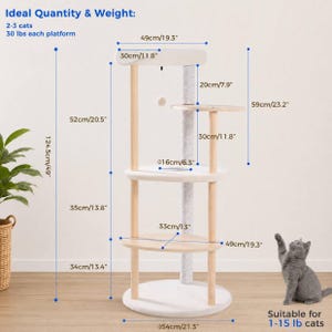 May include: A multi-level cat tree with light wood posts and white platforms, featuring a hanging toy, a central scratching post, and printed dimensions ranging from 6.3 inches to 49 inches, with a total height of 124.5 cm or 49 inches.