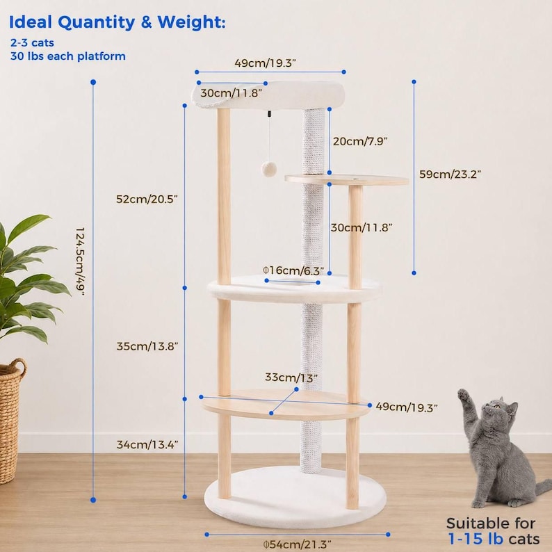 May include: A multi-level cat tree with light wood posts and white platforms, featuring a hanging toy, a central scratching post, and printed dimensions ranging from 6.3 inches to 49 inches, with a total height of 124.5 cm or 49 inches.
