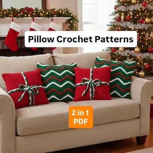 Christmas Pillow Red Green Cover Crochet Pattern 2 in 1 Digital Download PDF Easy Pattern Christmas Decor Holiday Gift Throw Pillow Bow