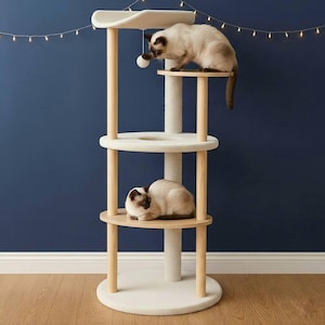 Tour pour chat avec griffoir Tour d'arbre à chat moderne en bois Tour pour chat en bois pour chat dans un arbre à grimper Peluche d'intérieur pour chat, perchoir, Meubles pour chat beiges