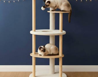 Cat Tower with Scratching Post Modern Cat Tree Tower Wooden Cat Tower Cat Climbing Tree Indoor Plush Cat Bed Perch Beige Cat Furniture