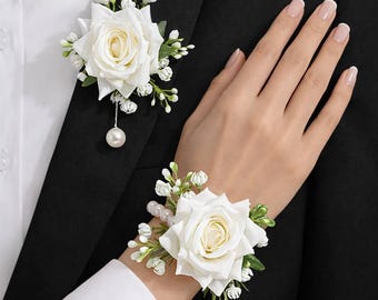 White Rose Wrist Corsage & Boutonniere Set Wedding Flower Bracelet With Faux Pearl Prom Corsage Wedding Accessories Bridal Party Accessories