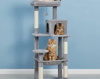 Grijze Krabpaaltoren met sisal krabpaal Krabpaal met appartement en pluche hangmat Kattentoren met meerdere niveaus Kattenstok Binnenhuismeubilair