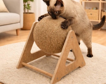 Bola rascadora para gatos, bola rascadora de sisal para gatos con soporte de madera, rascador moderno para gatos, accesorios para gatos de interior, suministros para gatos, regalo para gatos.
