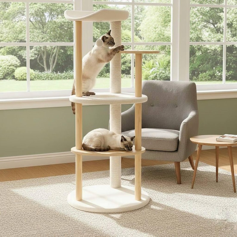 May include: A multi-level cat tree featuring light wood support posts, cream-colored circular platforms, and a central sisal-wrapped scratching post. One Siamese cat stands on the middle platform while another rests on the lower level.