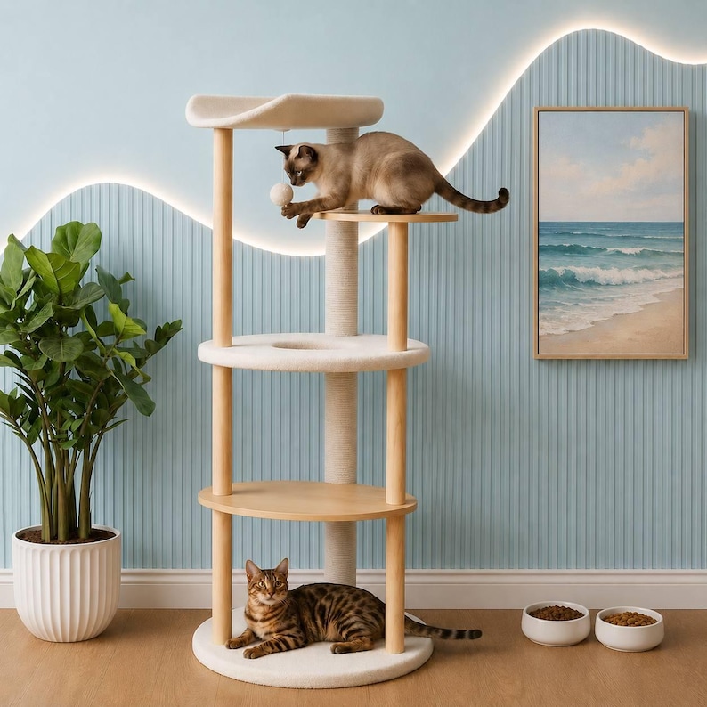 Cat Tree Tower with Scratching Post Beige Cat Condo Cat Climbing Tree Luxury Cat House Indoor Plush Cat Bed Wood Cat Tree Cat Furniture Gift image 1