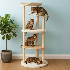 May include: A multi-level cat tree featuring light wood support posts and soft, cream-colored platforms. The structure includes a central sisal-wrapped scratching post, a top curved perch, and three lower levels, with four brown tabby cats.