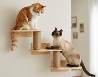 Estantes de pared para gatos con rascador de sisal, escalones de madera para gatos montados en la pared, estante de pared para gatos, muebles modernos de pared para gatos de interior