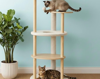 Krabpaal toren met krabpaal Beige kattenappartement Kat klimboom Luxe kattenhuis Binnen pluche kattenmand Houten krabpaal Kat meubilair cadeau