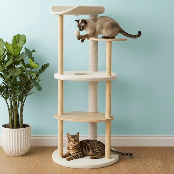 Cat Tree Tower with Scratching Post Beige Cat Condo Cat Climbing Tree Luxury Cat House Indoor Plush Cat Bed Wood Cat Tree Cat Furniture Gift